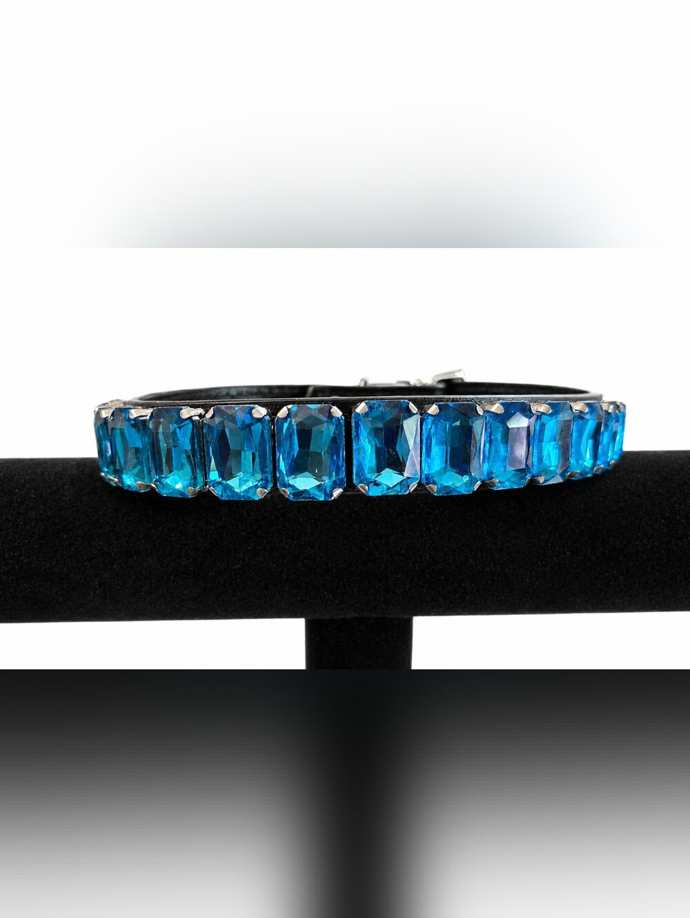Blue Rhinestone Leather Dog Collar - Size Small